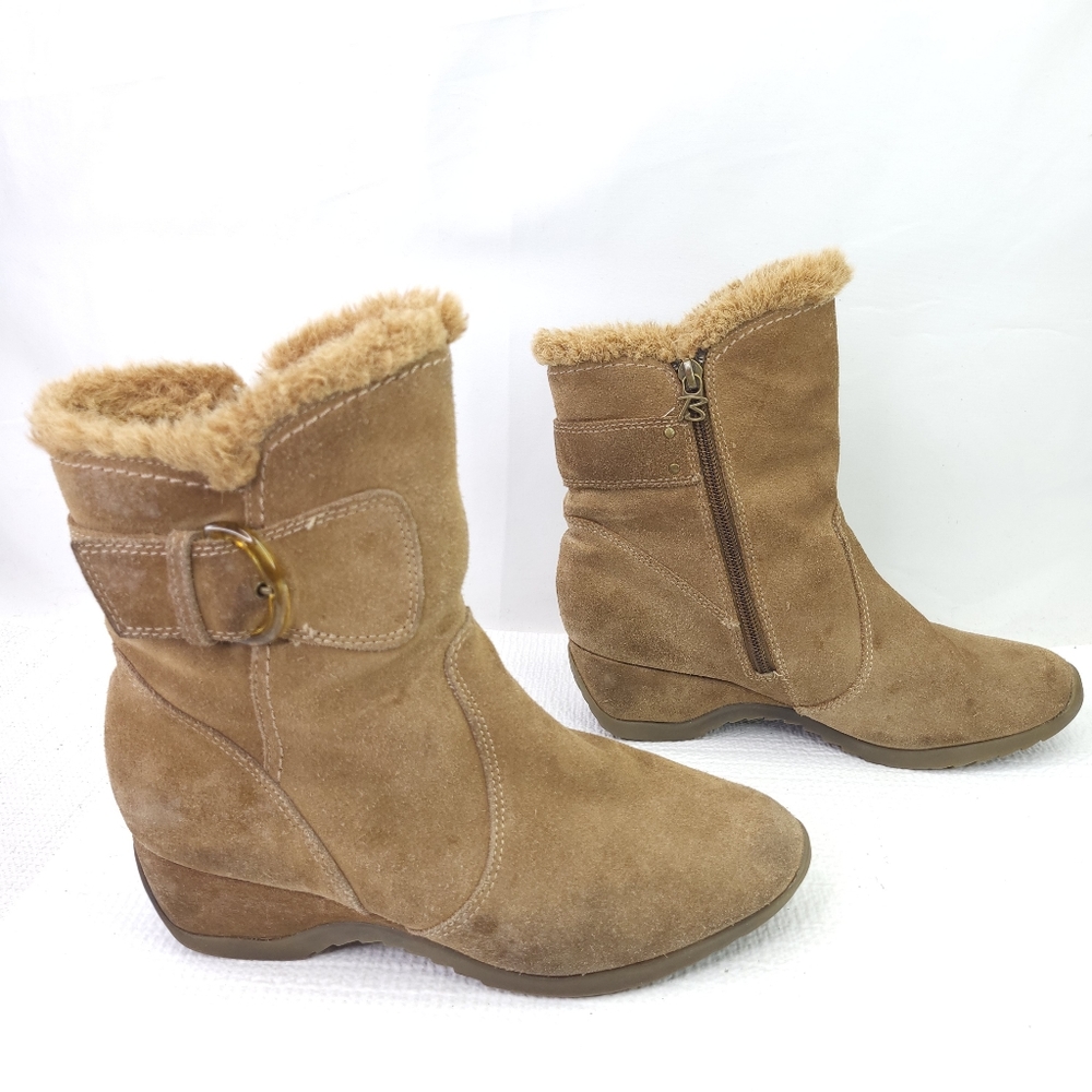 Brilliant Divine Brown Leather Booties Faux Fur Wedge Heel Ankle Boots Shoes 7.5